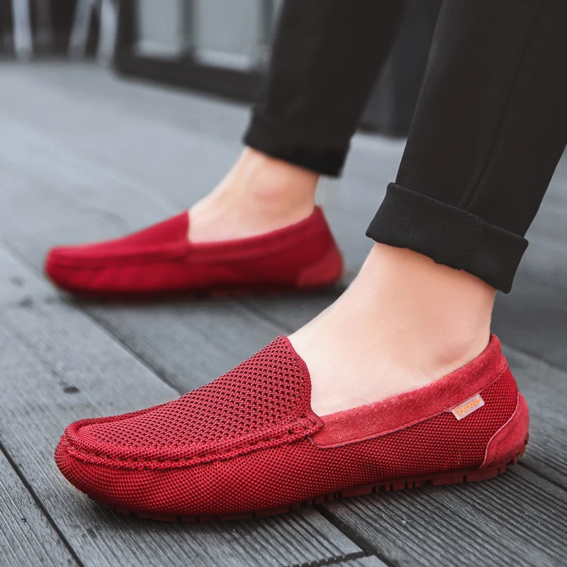 

UNN Fashion Sneakers Shoes Men Loafers Boat Flats Breathable Flyknit Luxury Brand 2019 Driving Moccasins Shoes Red