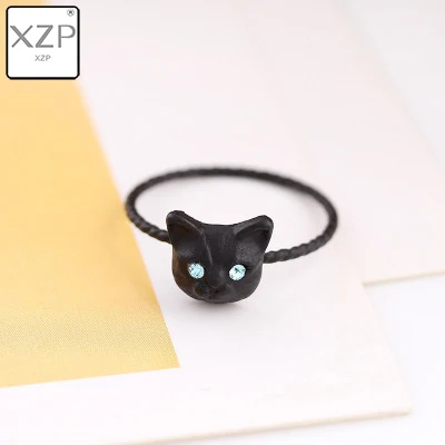Black XZP 1 шт. Новое милое популярное женское кольцо золотистого, черного, серебряного цветов с милым котом, стразы свободного размера, модное ювелирное изделие в подарок - Цвет основного камня: Black