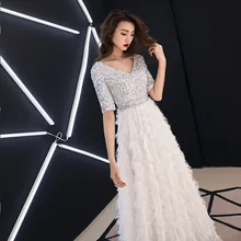 Вечернее платье, расшитое блестками, новинка, модное, короткий рукав, длинное, официальное, для выпускного вечера, белое, v-образный вырез, элегантное, с кисточками, а-силуэт, вечерние платья E031