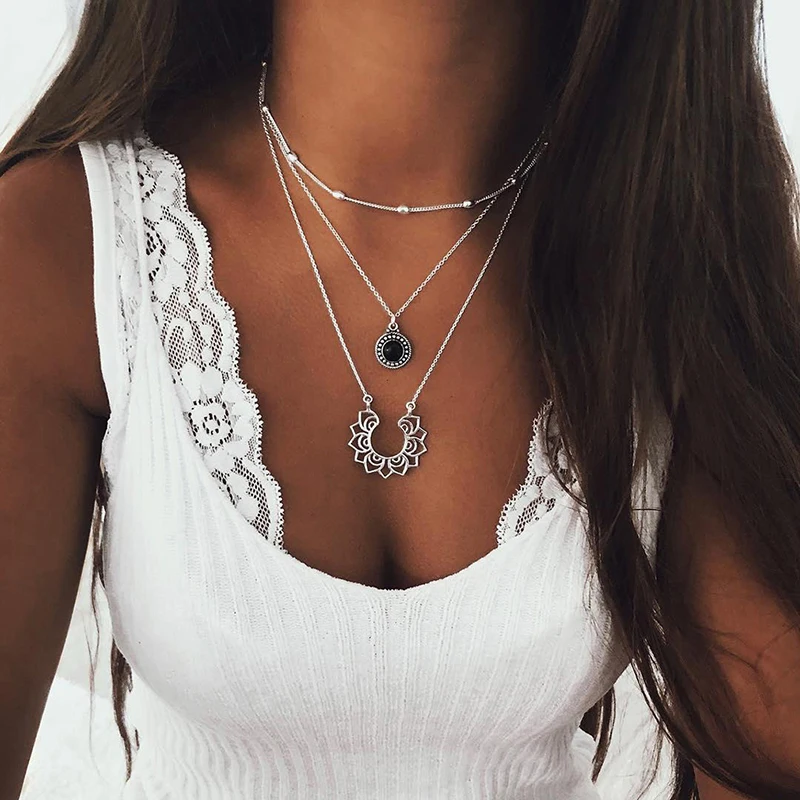 

Crystal Multilayer Pendant Necklace For Women 2019 Boho Flower Choker Necklaces Vintage Fashion Collar Party Jewelry
