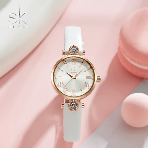 Shengke роскошные женские часы, кварцевые часы с кожаным ремешком, Кристальный циферблат, украшение, водонепроницаемые женские наручные часы, Relogio Feminino - Цвет: white