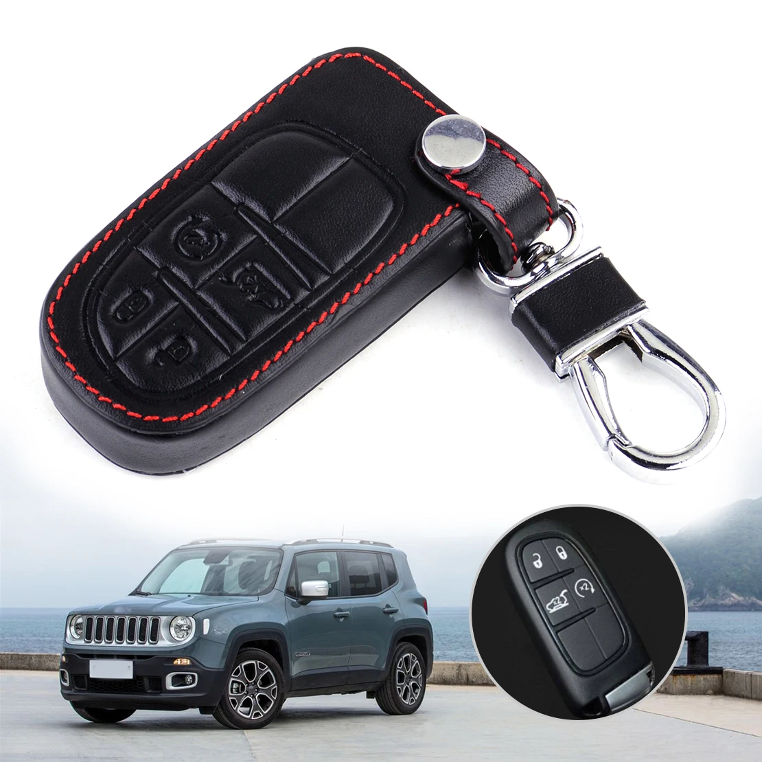 

DWCX Car Fashion Black 4 Buttons PU Leather Metal Remote Key FOB Case Cover 7.5 x 3.8 x 1.8cm Fit for Jeep Grand Cherokee