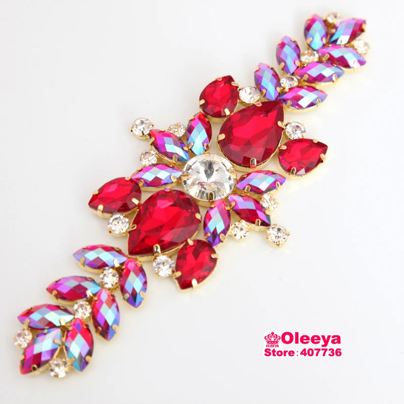 

17.5x7cm 1 pcs Gold Base Sewing Accessories Flatback Bridal Sew on Rhinestone Appliques For Wedding Dresses Decorations Y3684