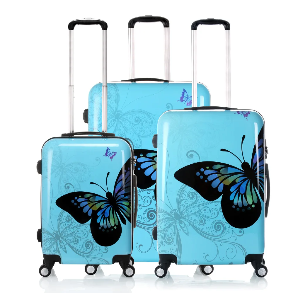 Blue/White Butterfly Design Luggage,20/24/28inch Carry Ons Suitcase,ABS