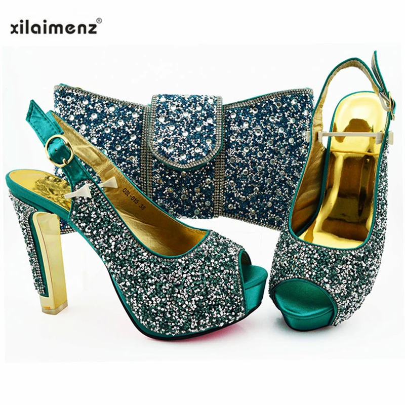 

2019 New Teal Color Matching Shoes and Bag Set In Heels Matching Shoes and Bag Set for Nigerian Ladies Royal Wedding Party