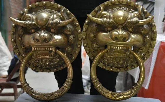 YM 316 15&quot Chinese Brass Fengshui Evil Guardion Foo Fu Dog Lion Head Door Knocker Pair | Дом и сад