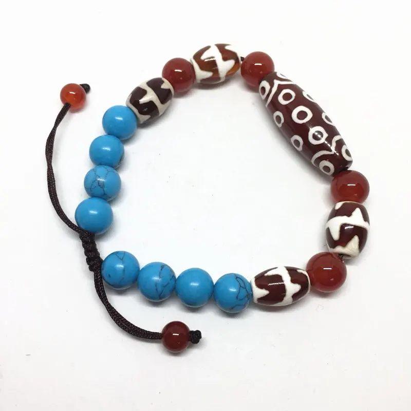 

Red Chalcedony Ajustable Bracelet 21 Eyes Dzi Bead Amulet with Turquoise Beads High Quality Bracelet Bring Good Luck