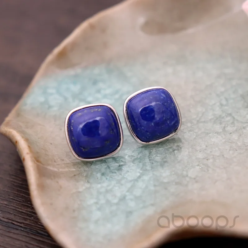 12mm Vintage 925 Sterling Silver Square Lapis Lazuli Stud Earrings for Women Girls Free Shipping Fashion Jewelry