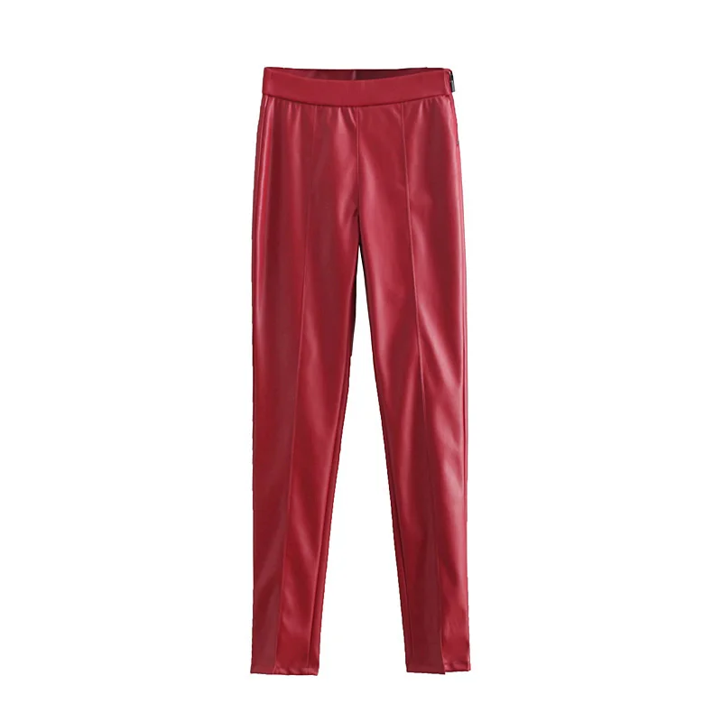 JuneLove женские уличные штаны из искусственной кожи, винтажные женские узкие длинные штаны на молнии, повседневные женские штаны с высокой талией - Цвет: Красный