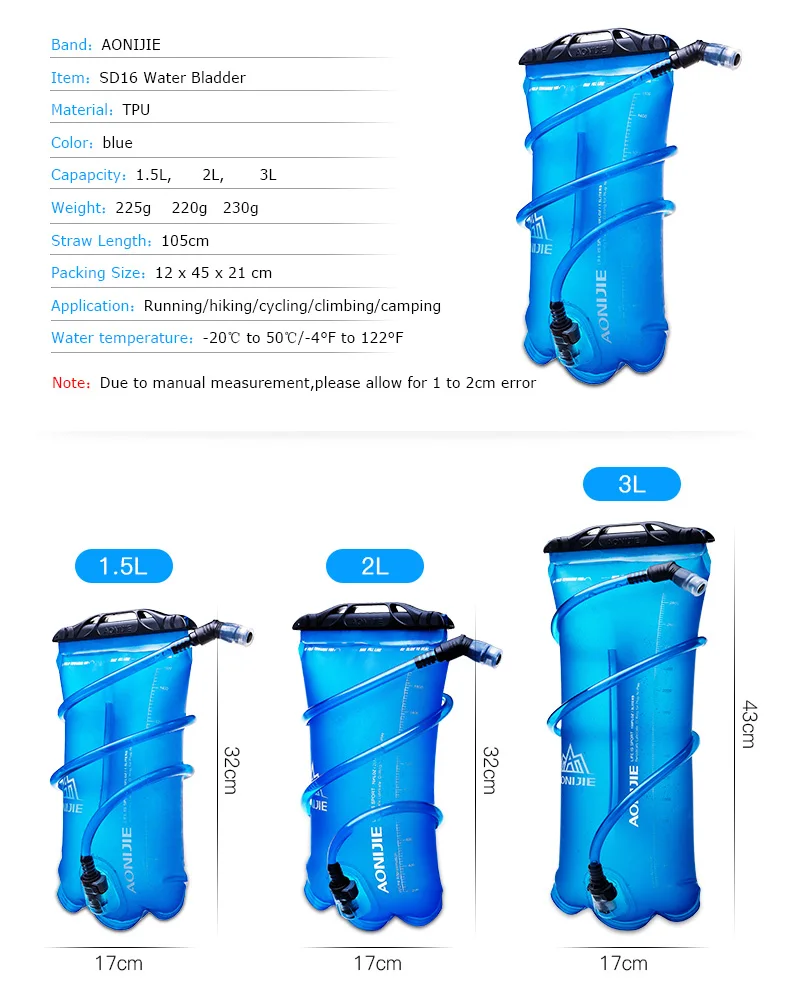 AONIJIE 1.5L/2L/3L на открытом воздухе езда на велосипеде Бег складной ТПУ-мешок для воды спортивная гидрация мочевого пузыря для кемпинга пешего туризма альпинизма