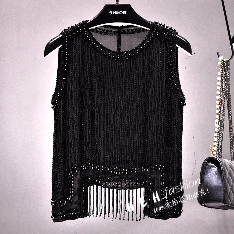 Cakucool Women Beading Blouse Shirt Sleeveless Summer Chiffon Tops Pearl Tassels Cute Sexy Girls Blusas Top Shirts Cakucool Women Beading Blouse Shirt Sleeveless Summer Chiffon Tops Pearl Tassels Cute Sexy Girls Blusas Top Shirts