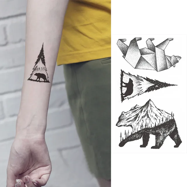 waterproof temporary fake tattoo stickers cool grey forest mountain waterproof temporary fake tattoo stickers cool grey forest mountain bear dotwork design body art make up