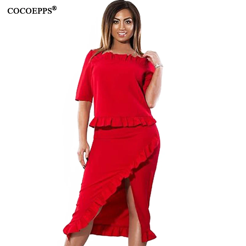 

CACNCUT Summer Elegant L-6XL Plus size Two Pieces Ruffles Dresses Women clothing 2018 vintage Large Big Size Office Split Dress