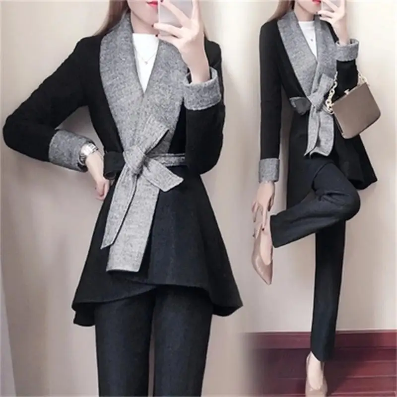 

Fashion winter waist Woolen suit suit women's New fashion temperament wide leg pants two-piece suit women's