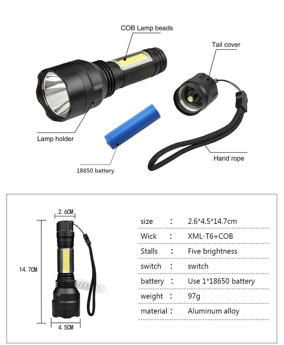 COB Рабочий фонарь большой дальности 18650 самый мощный флэш-светильник Точечный светильник для охоты xml t6 велосипедный светильник фонарь лампе фонарь e