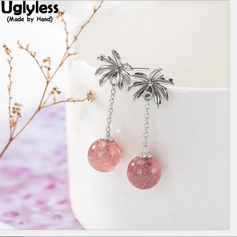 Uglyless Real Thai Silver Handmade Coconut Earrings Women Strawberry Quartz Pink Ball Fine Jewelry Solid 925 Bijoux | Украшения и