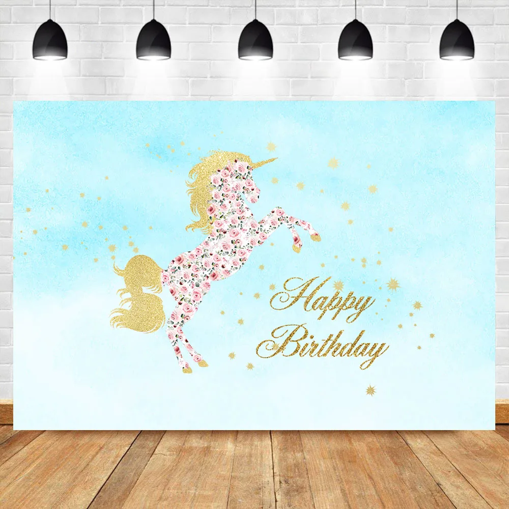 

NeoBack Unicorn Birthday Party Backdrop Flower Gold Unicorn Custom Blue Photography Background Studio Shoots