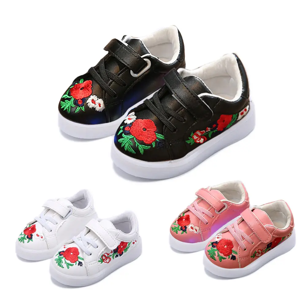 

Children's Light Up Sneakers Toddler Girls Boys Casual Shoes with Handmade Floral Embroidery YH-17
