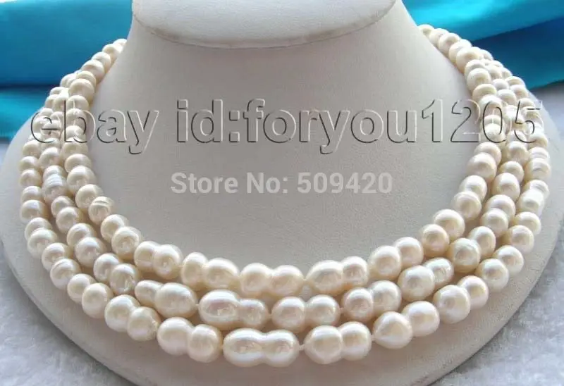 

Free Shipping 3Rows Natural 14mm Twins White Pearl Necklace