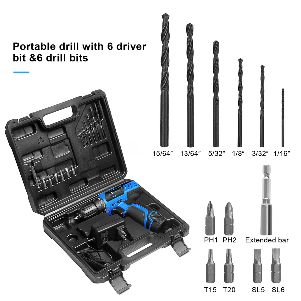 TENWA 12 В Электрическая дрель 0-10 мм Чак Макс Крутящий момент беспроводная дрель-шуруповерт комплект 13 шт. аксессуары Toolbox 1.5Ah литий-ионный