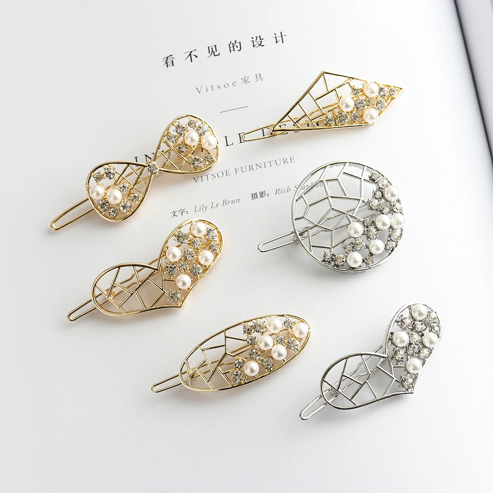 

Women Girls Geometric Metal Hollow-out Hairpins Crystal/Pearl Bow Frog Clips Hairgrip Barrette Heart Round Hair Accessories