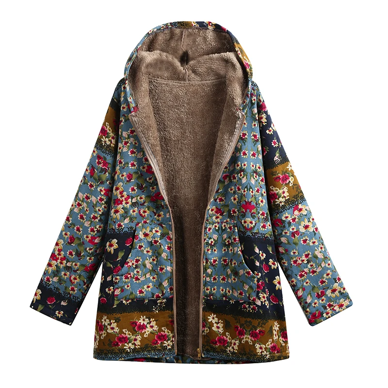 EaseHut Fall Long Hooded Coats Retro Floral Print Long Sleeve Autumn Lady Casual Parkas 5XL Plus Size Winter Women Jackets