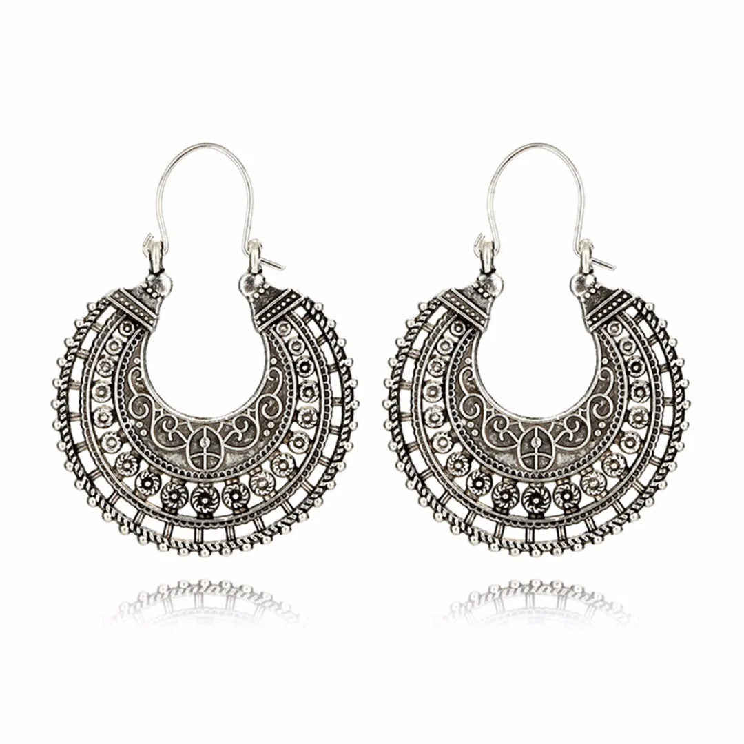 Shellhard Fashion Carved Flower Earring Jewelry Boho Ethnic Tibetan Tribal Pendant Earring Antique Vintage Silver Hoop Earring