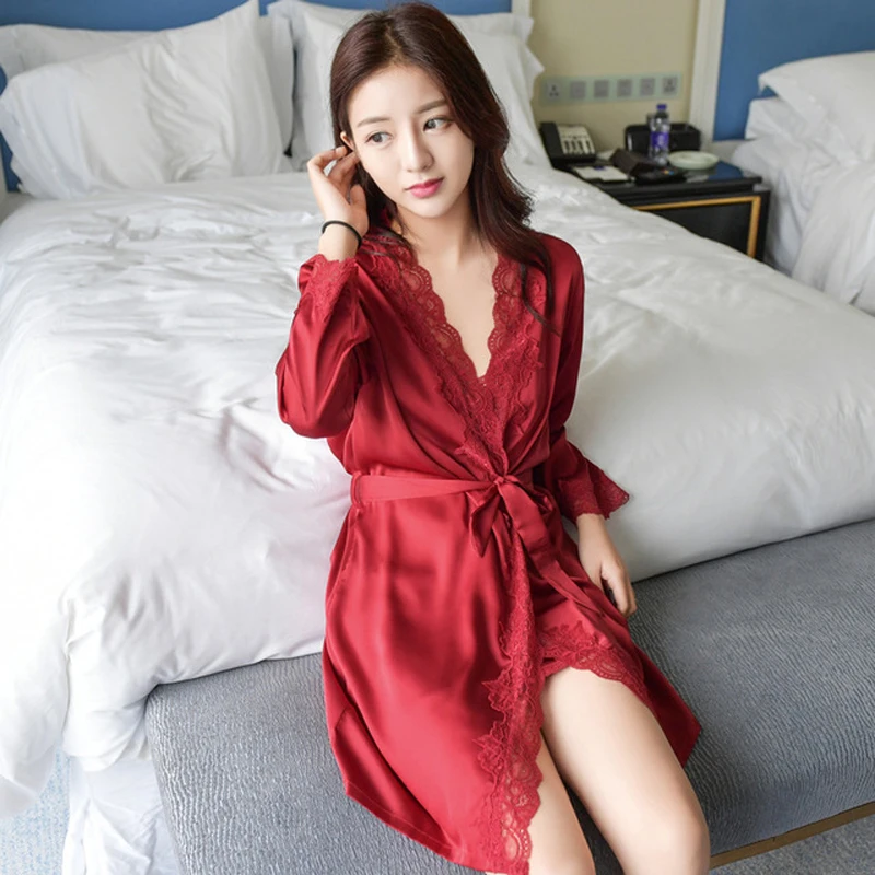 

Two-Piece Robe & Gown Sets Sexy Lace Sleep Lounge Pijama Long Sleeve Ladies Nightwear Bathrobe Night Dress With Chest Pads