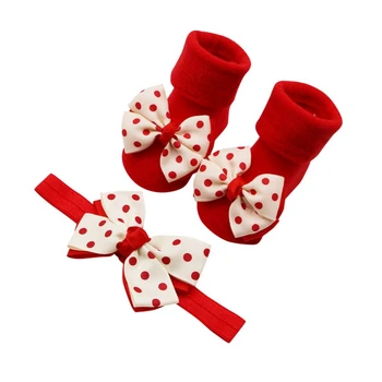 

Cute 3 Colors 0-1years Socks Bow-Knot Dot Double Layer Bow Baby Cotton Socks Dispensing Non-slip Baby Socks + Hair Band