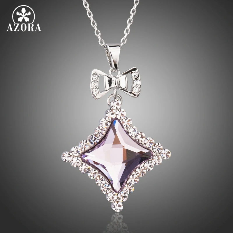 

AZORA Bowknot Necklaces Jewelry for Women White Gold Color Quadrilateral Crystals Long Link Chain Pendant Necklaces TN0202