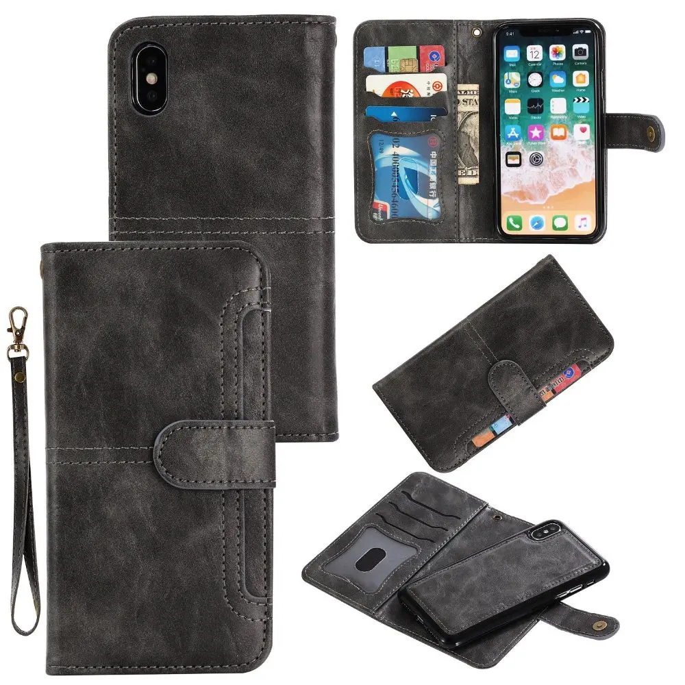 

For iPhone 11 pro XS Max XR 7 8 Plus pu Retro Leather Book Stand Wallet Detachable Magnetic 2in1 Removable Card Photo Cover Case