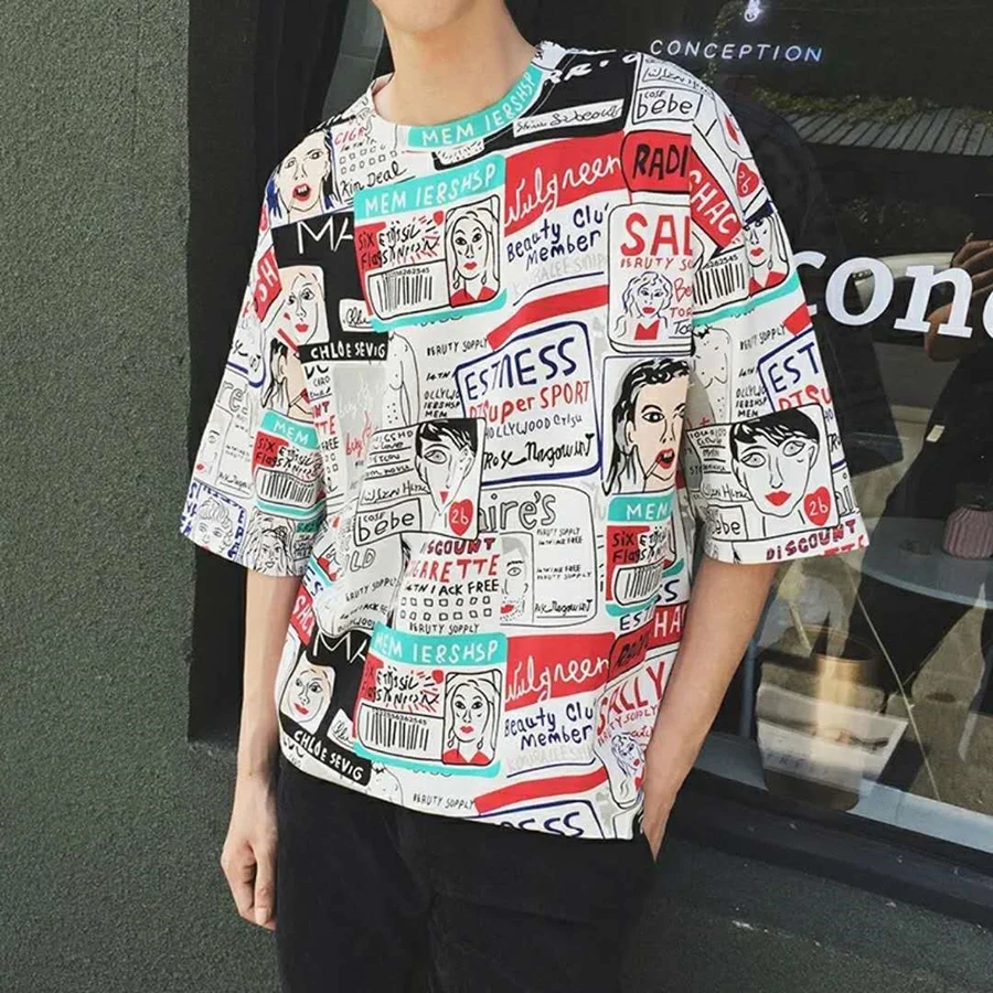 

Cool Print Funny t Shirt Men Swag Hip Hop Short Sleeve Tops Harajuku Bf Style Streetwear Korean Fashion Graffiti t-shirt 2019