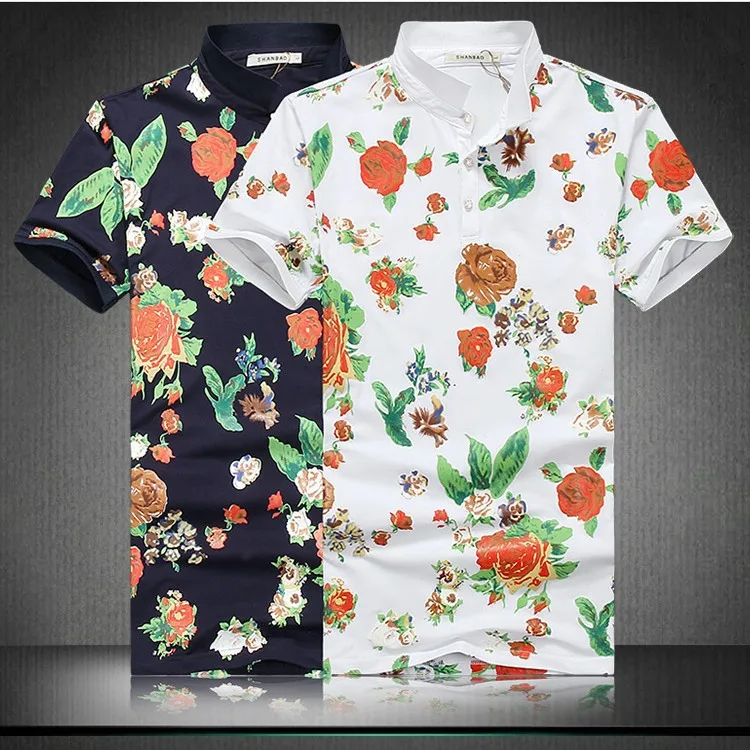 New Summer High Quality Rose Floral Printed Polo Shirt Men Casual Slim Printed Polo Shirts