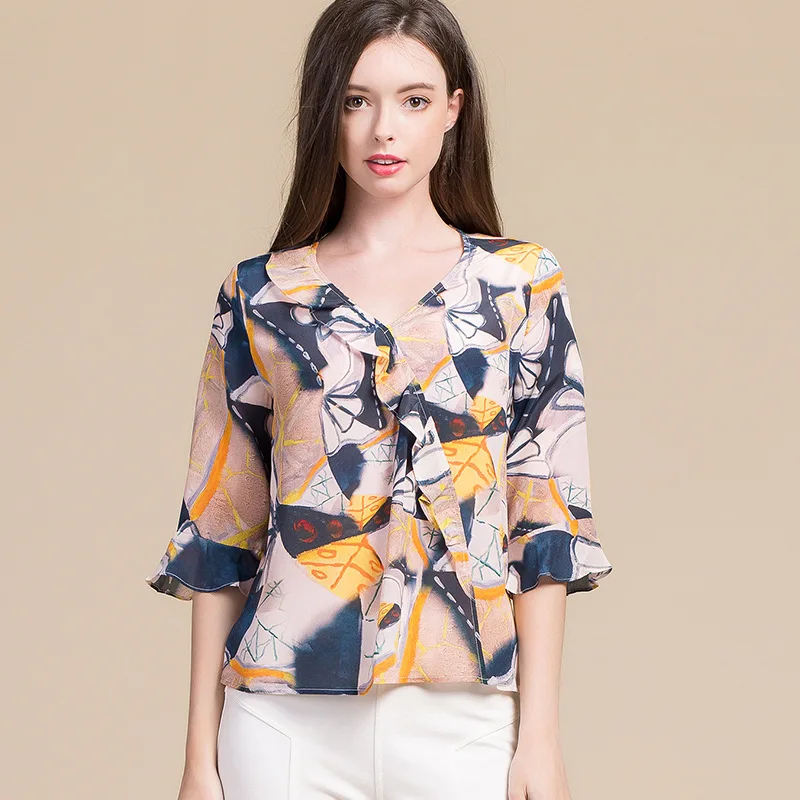 

Korean Style Summer Women 100% Real Silk Blouses Three Quarter Print V-neck Flare Sleeve Office Lady Shirts OL Blouses 8043