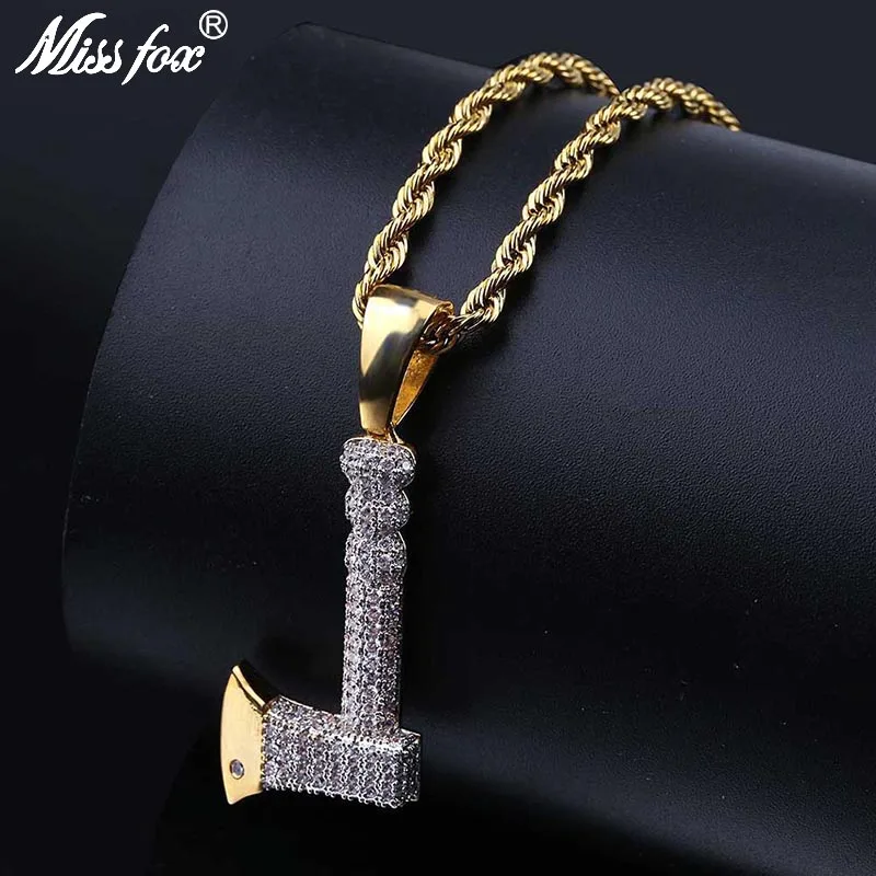 Goedkoop MISSFOX Hip Hop Bijl Bijl Beste Vriend Ketting Grote AAA Zirconia 24 K Vergulde Gouden Sieraden Lange Touw Ketting iced Out Hanger