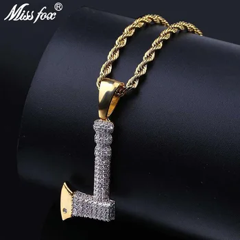

MISSFOX Hip Hop Hatchet Axe Best Friend Necklace Big AAA Cubic Zirconia 24K Plated Gold Jewelry Long Rope Chain Iced Out Pendant