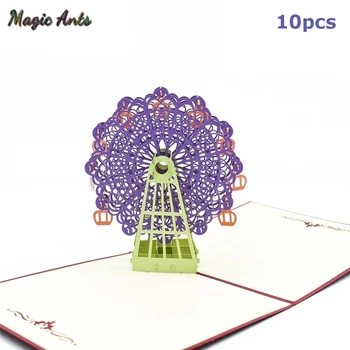 

10 pack wholesale 3 colors 3D Ferris wheel Pop-Up Birthday with envelope sticker laser cut invitation Greeting Card postcard