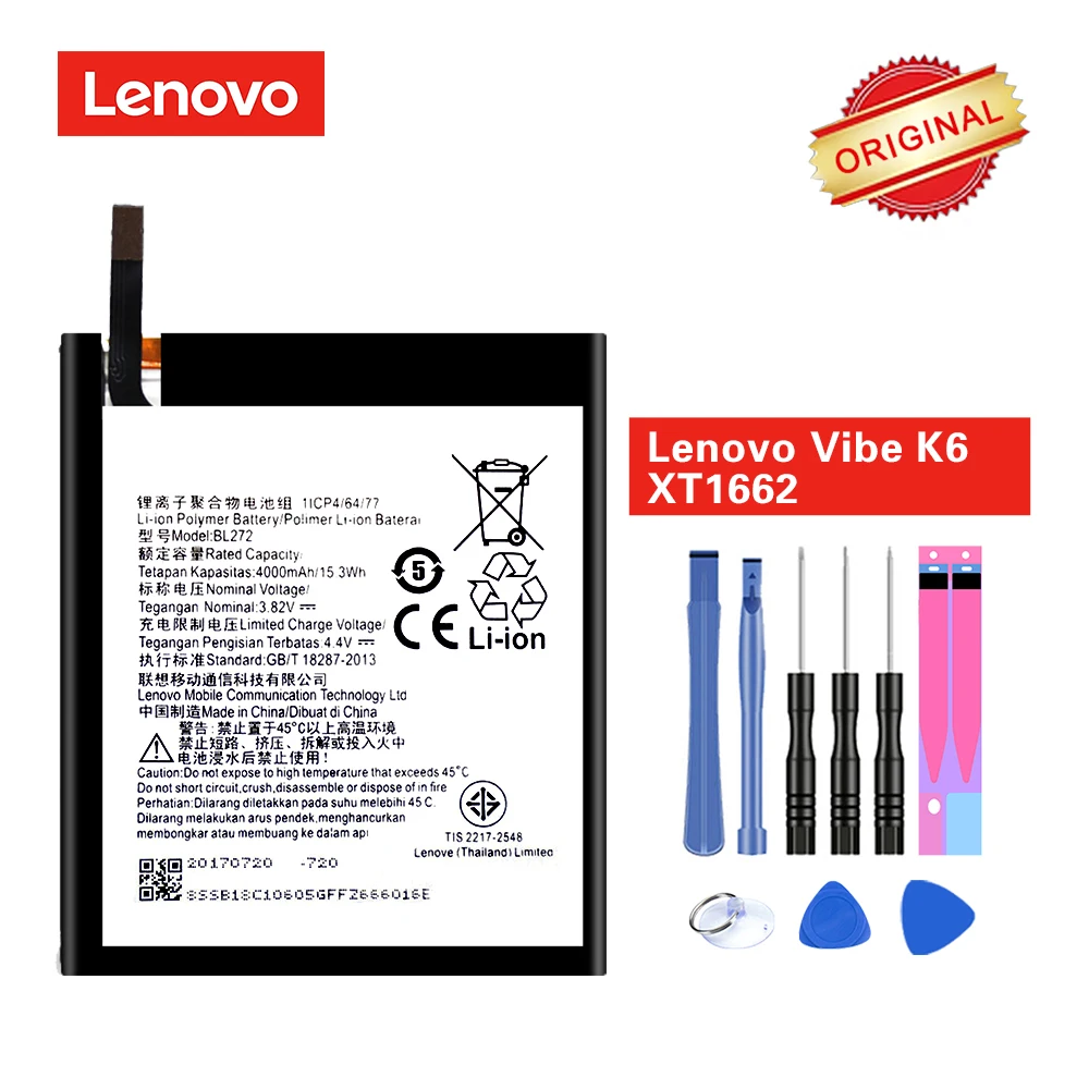 

Original Battery BL272 for Lenovo Vibe K6 Power XT1662 K33A42 akku 3.82v 4000mAh with Repair Tools