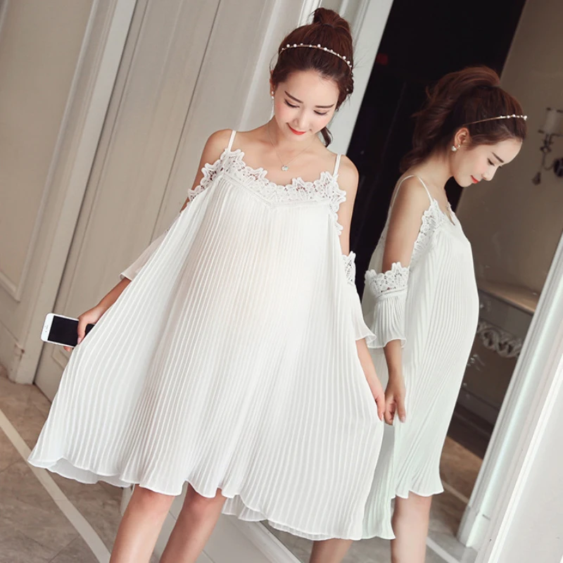 Summer Pregnant Women Pleated Chiffon Dress Spaghetti Strap Off Shoulder Pregnancy Dress Loose Plus Size Maternity Dresses M-XL  (1)