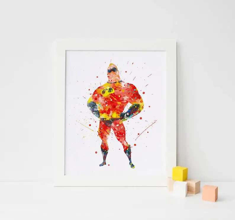 Mr Incredible print Princess Watercolor Poster Kids Room Home wall Decor baby Nursery Art Gift idea | Дом и сад