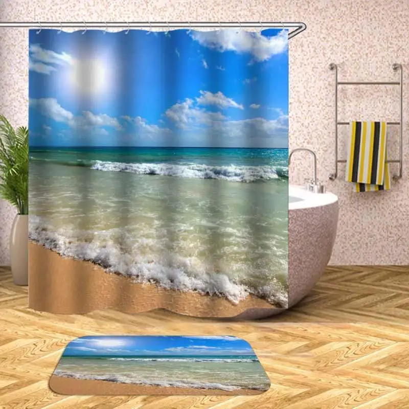 Beautiful Beach View Shower Curtain Conch Starfish Shell Bathroom