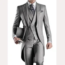 Light Gray Long Wedding Groom Tailcoat 2018 Custom Mens Suits Three Piece Groom Tuxedos Male Blazer