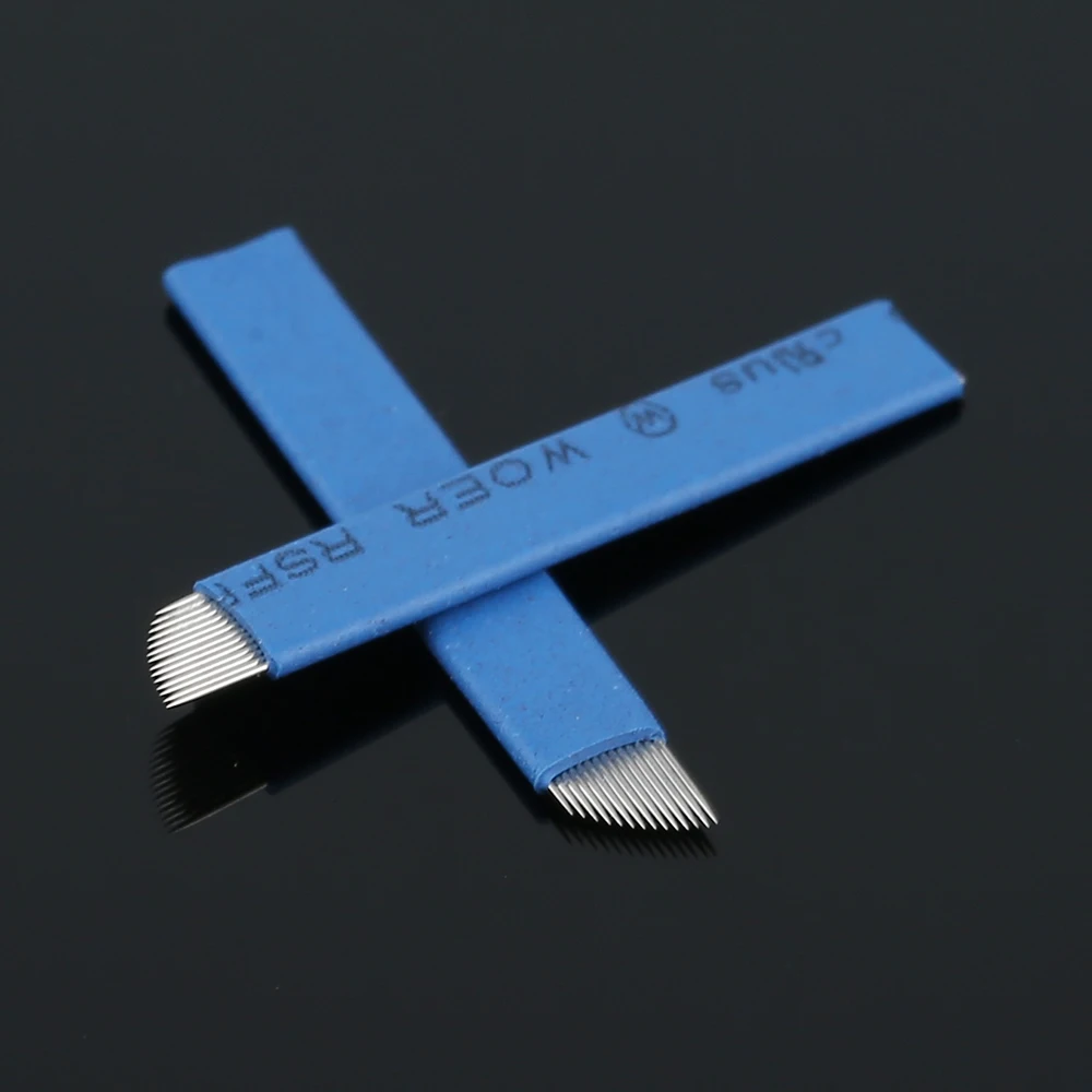 

2Pcs/set 14 Pin Oblique Eyebrow Tattoo Needles Semi Permanent Makeup Fog Embroidery Blade Blue 3D Microblading Tattoo Tools