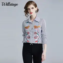 Willstage рубашка в полоску для женщин вышивка цветок белка узор блузка женская официальный офисный стиль повседневная обувь Женский Осень 2019