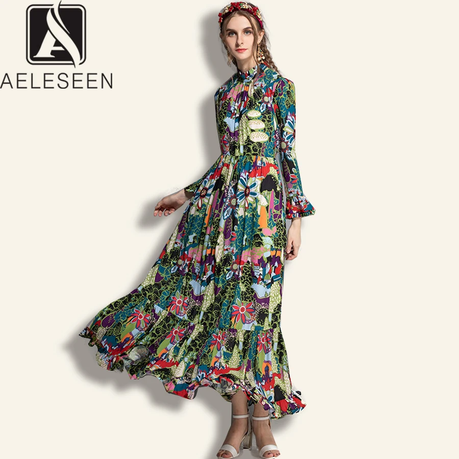 

AELESEEN High Quality Boho Dresses 2019 Summer Spring Women's Flare Sleeve Ruffles Flower Print Stand Collar Beach Long Dress