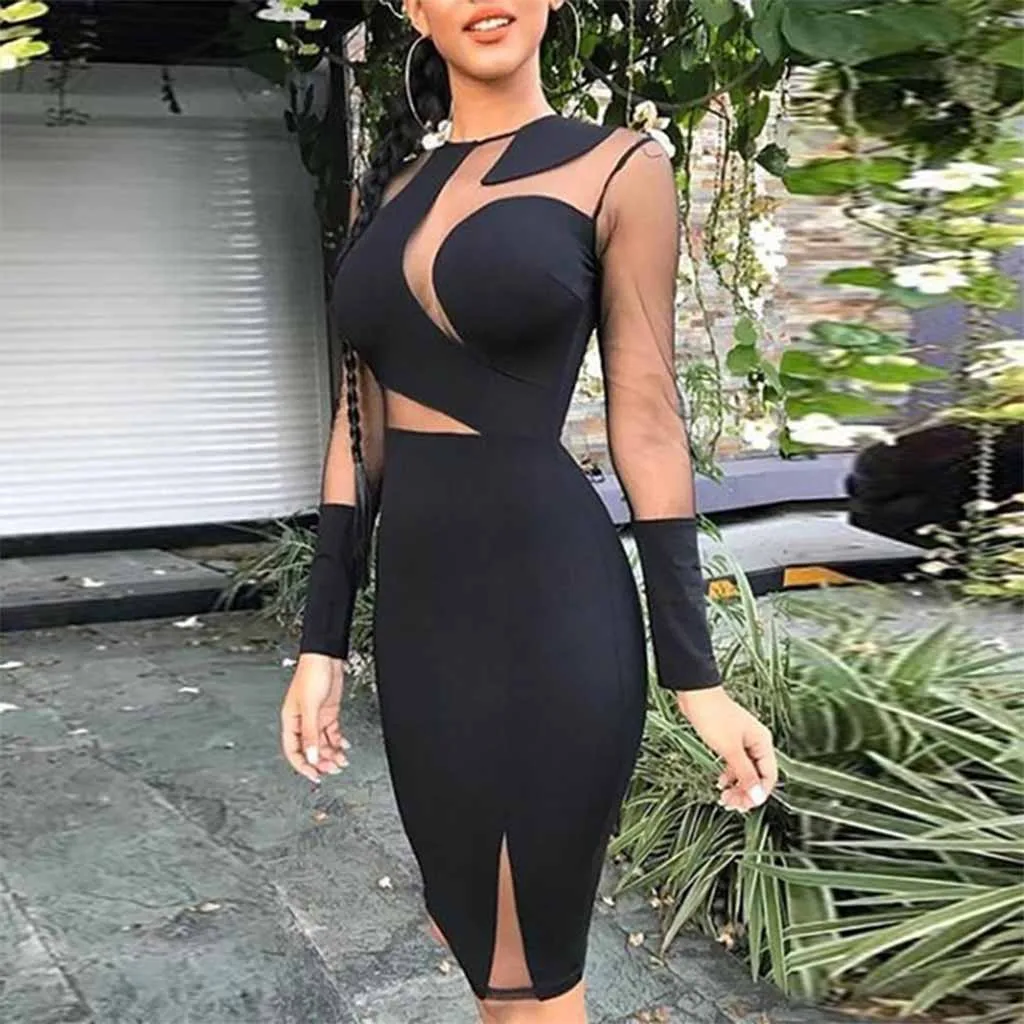 

Women's Sexy Black Mesh Perspective Dress Ladies Long Sleeve Crew Neck Bodycon Dress Gauze Splicing Tight Fitting Dress Jurk