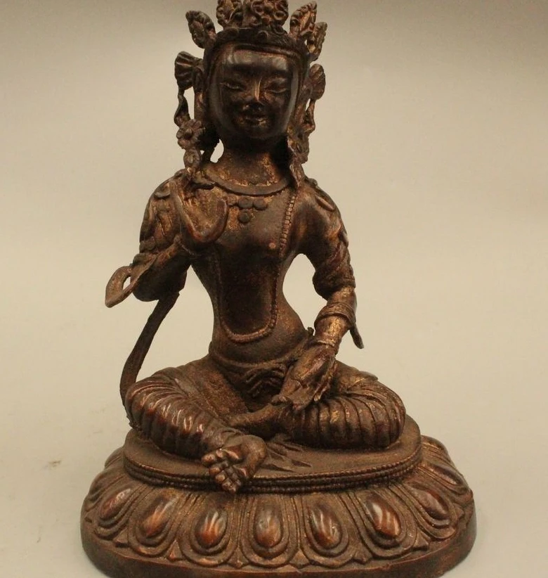 

8"Chinese Buddhism Folk Purple Bronze Lucky Green Tara Kwan-Yin Buddha Statue