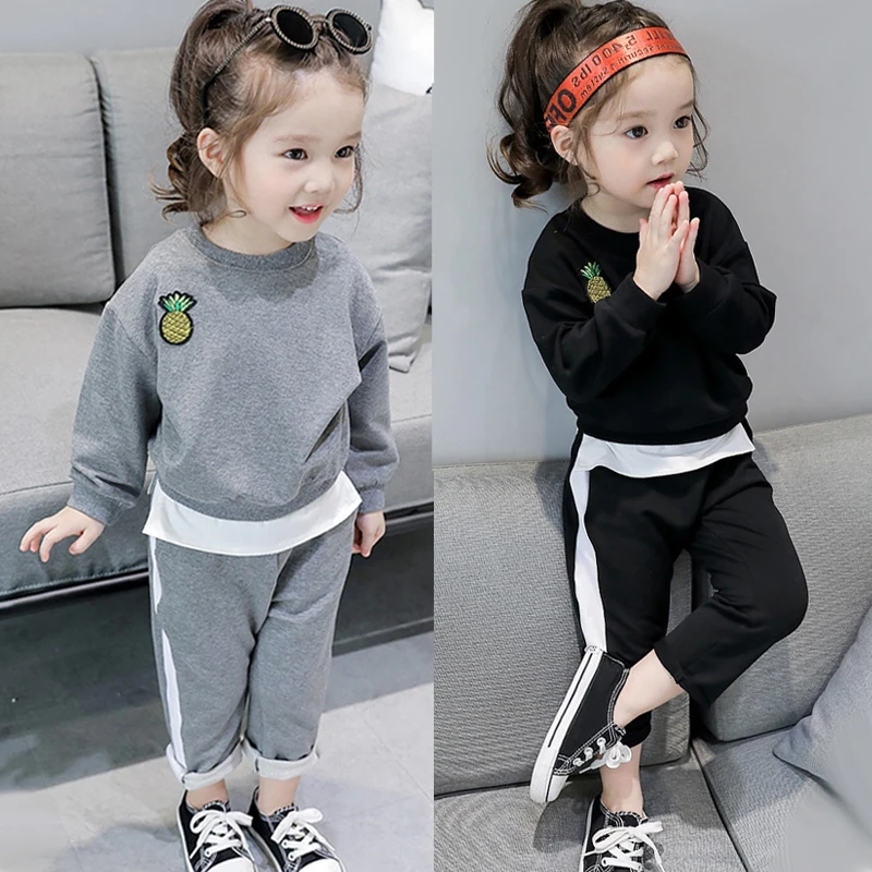 

Girls Spring Set Patchwork Sweater Pineapple Long sleeved shirt + Striped Long pants 2Pcs Sport suit Autumn Pullover Sweater