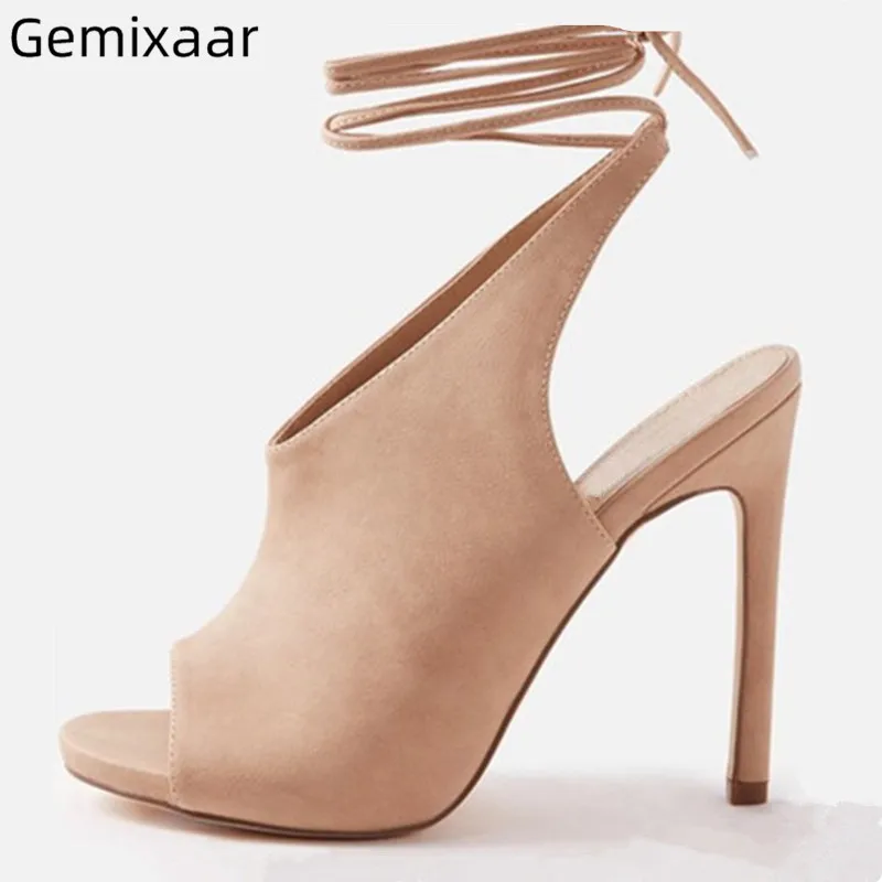 

Lace-up Sandals Shoes Woman Peep Toe V-sharpe Shallow Footwear Solid Cow Suede Thin High Heels T-show Sandals Women Size 35-42