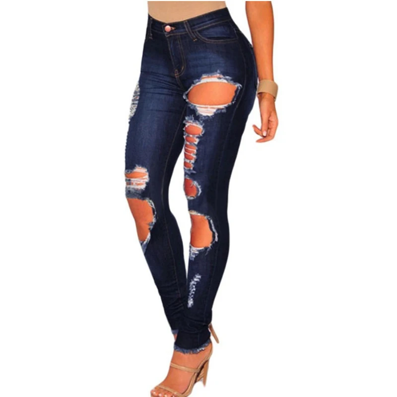 

DROP SHIPPING casual Jeans Women High Waist Skinny Pencil bleached washed Denim Pants ripped hole Elastic Stretch Jeans S-3XL